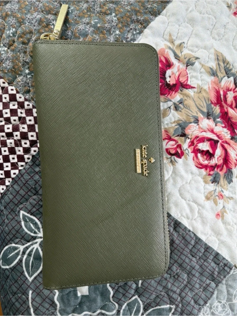 kate spade olive green zip-around saffiano wallet with gold logo